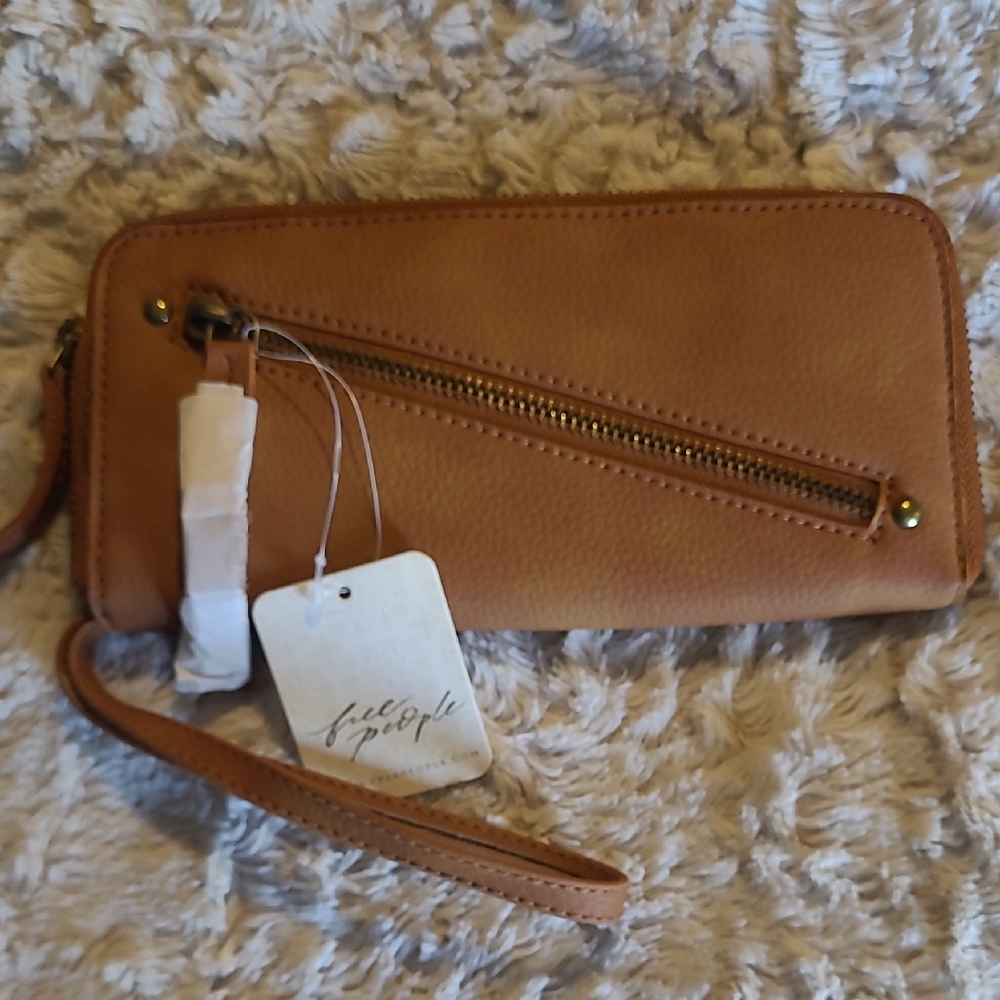 Free People Tan Wristlet Clutch with Diagonal Zip Accent